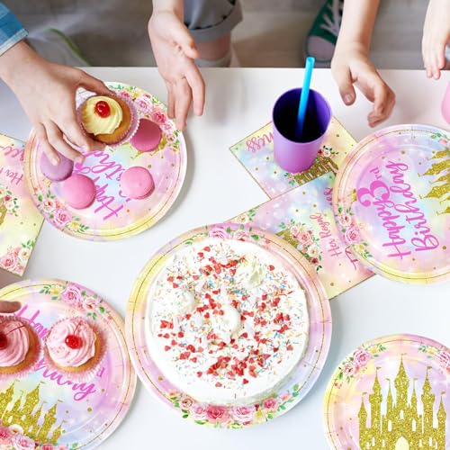 Image of Grencian 96 Pcs Princess 3rd Birthday Party Decorations, Serves 24 | Her Royal Threeness Plates and Napkins Pastel Rainbow Castle Tableware Set for Girls Princess Three Years Old Party Supplies