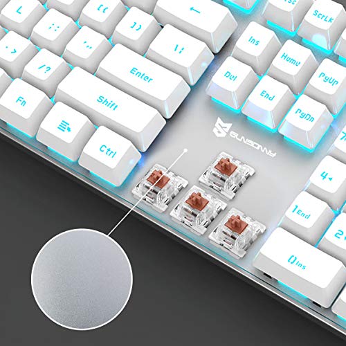 Image of Merdia 104 Keys Full Size Mechanical PC Gaming Keyboard | Brown Switch Hot Swappable White Mechanical Wired Computer Keyboards | Ice Blue LED Backlit 104 Keys US Layout Light Up Wired Gaming Keyboard