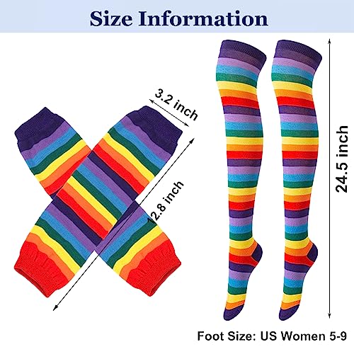 Ibeauti 8 Pcs Womens Striped Knee High Socks Stockings Y2K Goth Knitted Long Arm Warmer Fingerless Gloves Set2