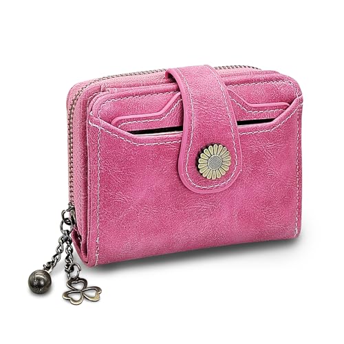 Small Wallets, PU Leather Bifold Card Holder Wallet for Women, Flower Decoration Compact Purse with Coin Pocket (Pink)