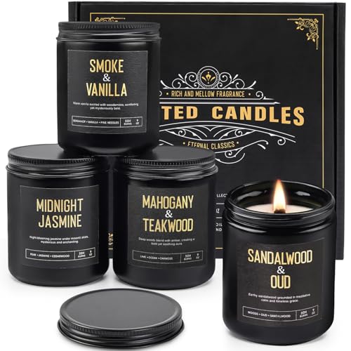 Crackling Wood Wick Candles for Men: 4 Pack 36oz Soy Scented Candles for Home Scented, Up to 200H Burning, Masculine Mens Candle Set, Aromatherapy Candle Gift Set for Fathers Birthday Valentine's Day