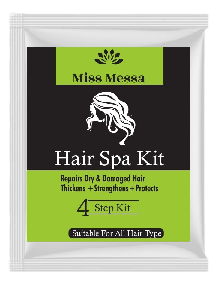 Miss Messa Repair Dry & Damaged Hair thickness + Strenghthens + Protects Smooth Hair spa kit| Treatment Protein Spa - Conditioning for Dry Damaged includes 4 pouches contain hair massage oil, hair spa shampoo, hair spa conditioner & hair serum (12g Each) 48gm
