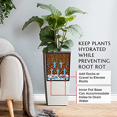 Image of Mueller Janska M-Resin Heavy Duty Tall Planter, Indoor /Outdoor Grande Plant, Tree, Flower Pot, 2-Piece Set, 24 inch, Modern Design, Built-in Drainage, Beige