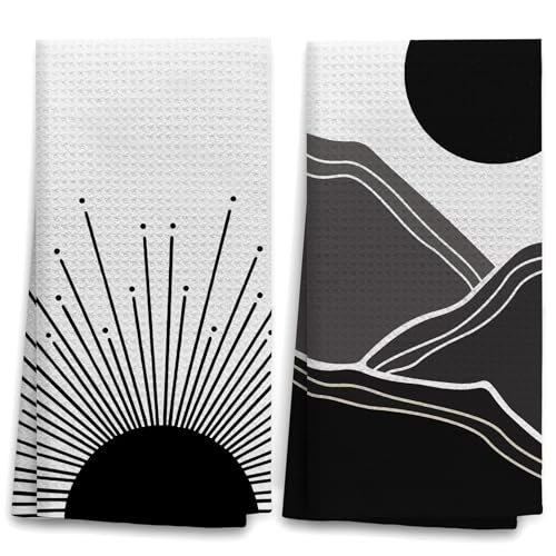 OHSUL Boho Sun Sunrise Sunshine Mountains Absorbent Kitchen Towels Dish Towels Dish Cloth Set of 2,Boho Nature Landscape Hand Towels Tea Towel for Bathroom Kitchen Decor,Boho Lover Gifts (Black)