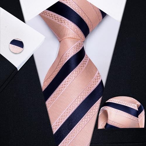 Image of YourTies Striped Ties for Men Classic Woven Silk Necktie with Handkerchief Cufflinks Set Formal Business Party Wedding