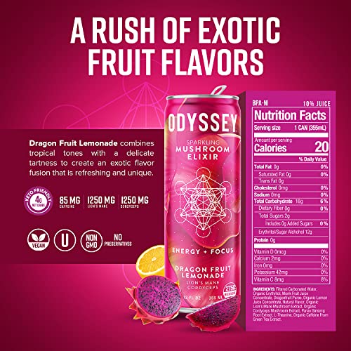 Odyssey Elixir Sparkling Adaptogen Drink, Low Calorie Drinks, L Theanine, Lions Mane, Cordyceps & Green Tea Caffeine for Energy & Focus, Non-GMO, Vegan, Dragon Fruit Lemonade Flavor, 12 Fl oz, 12 Pack - Image 4