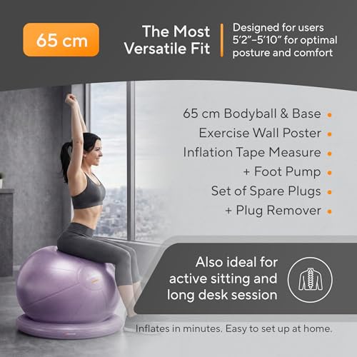 Image of Yoga Exercise Ball Chair for Office Desk with Base, Ideal for Pregnancy, Birthing, Stability Exercises & Fitness. Swiss Stability Birth Ball for Labor, Gym & Workouts.