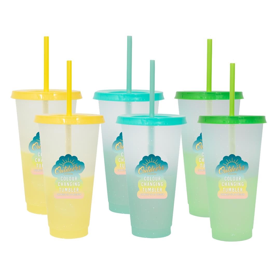 YöL Pack of 6 Colour Changing Glitter Tumblers 750ml Lid Straw Summer Picnic Reusable Cup Outdoor Kids Iced Coffee