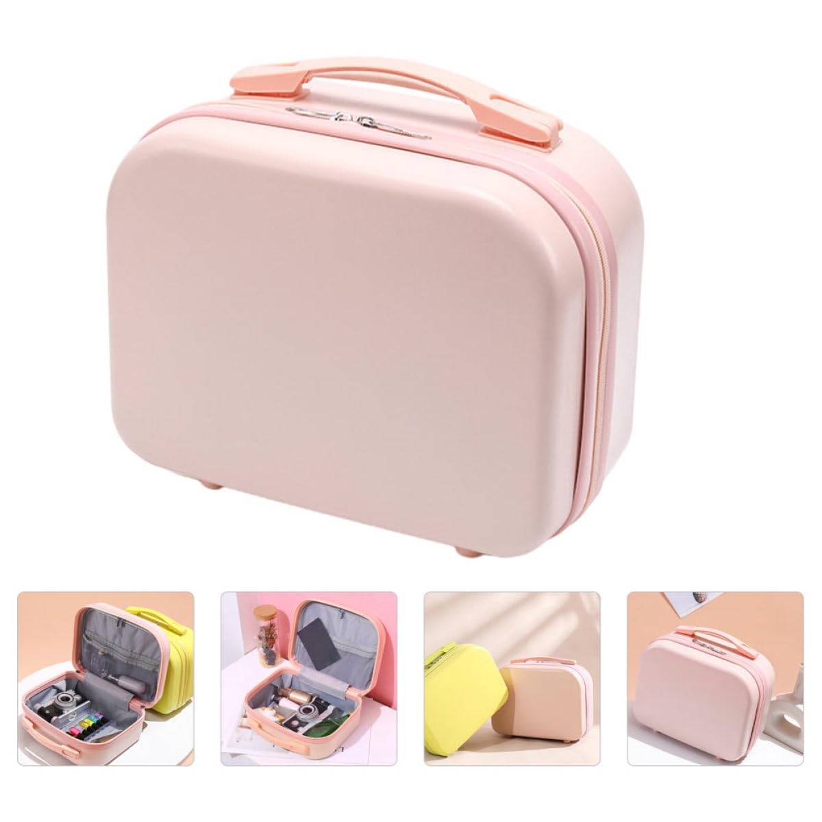 SOLUSTRE Leichte Kosmetiktasche aus Abs für Damen Tragbarer Schminkkoffer mit Aufhängehaken für Reisen und Ausflüge Kompakter Make Up Organizer in Rosa