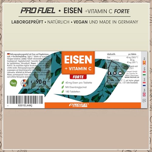 Eisentabletten hochdosiert 180x mit 40 mg Eisen + Vitamin C (40 mg) aus Hagebutten - EISEN + Vitamin C FORTE mit bioverfügbarem Eisenbisglycinat - laborgeprüft mit Zertifikat - Vorrat für 6 Monate