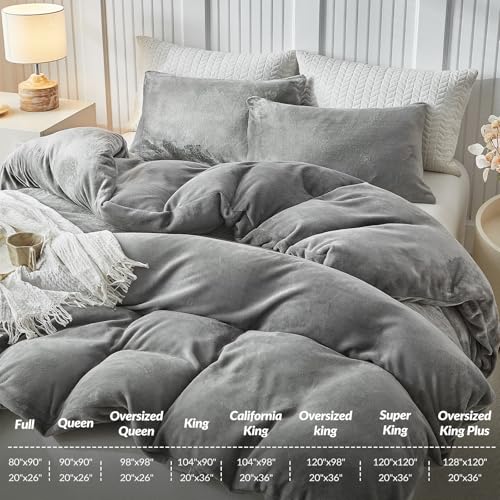 Image of WARMDERN Grey Velvet Duvet Cover Set Oversized King Plus, Luxury Milk Velvet Bedding Duvet Cover with Zipper Closure, 3pcs Ultra Soft Duvet Covers for All Seasons, 128 inch x 120 inch, Grey