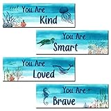 Underwater World Wooden Wall Art Children's Room Wall Decor Sea Creatures YOU ARE Series Home Decorations for Bedroom Blue Ocean Nautical Theme Wall Art Turtle Starfish Dolphin Coral Reef Gift Artwork