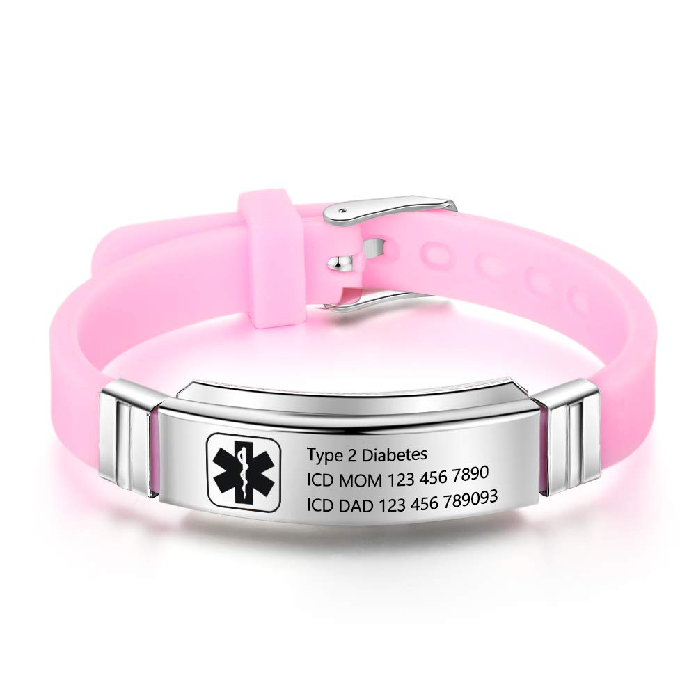 AshleymadePersonalized Bracelet Silicone Medical Bracelet Sport Emergency ID Bracelet for Men Women Kids Free Engraving Waterproof ID Alert Bracelets (Pink-3)