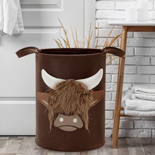 Image of CiyvoLyeen Highland Cow Felt Storage Basket - Brown Scottish Cattle Organizer Bin with Long Hair Design - Farm Animal Inspired Decor - Portable Hamper with Handles - Ideal for Laundry Toys