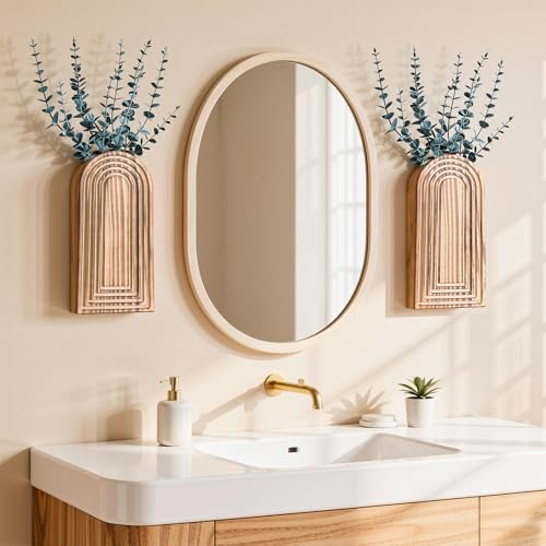 DREAMLOOM 2 Pack Wooden Wall Vases with Eucalyptus Artificial Plants, Wall Hanging Planters Boho Modern Farmhouse Indoor for Narrow Spaces Entryway Bathroom Home Office Decoration, Brown by DREAMLOOM - Image 2