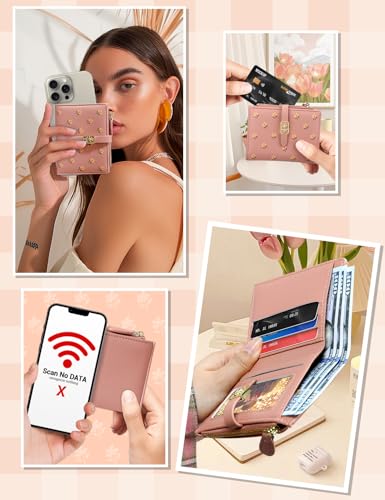 Image of YINHEXI Women's Wallet, Compact and Small Bifold PU Leather Card Holder, Mini Purse with Coin Pocket for Ladies, Girls (Salmon)