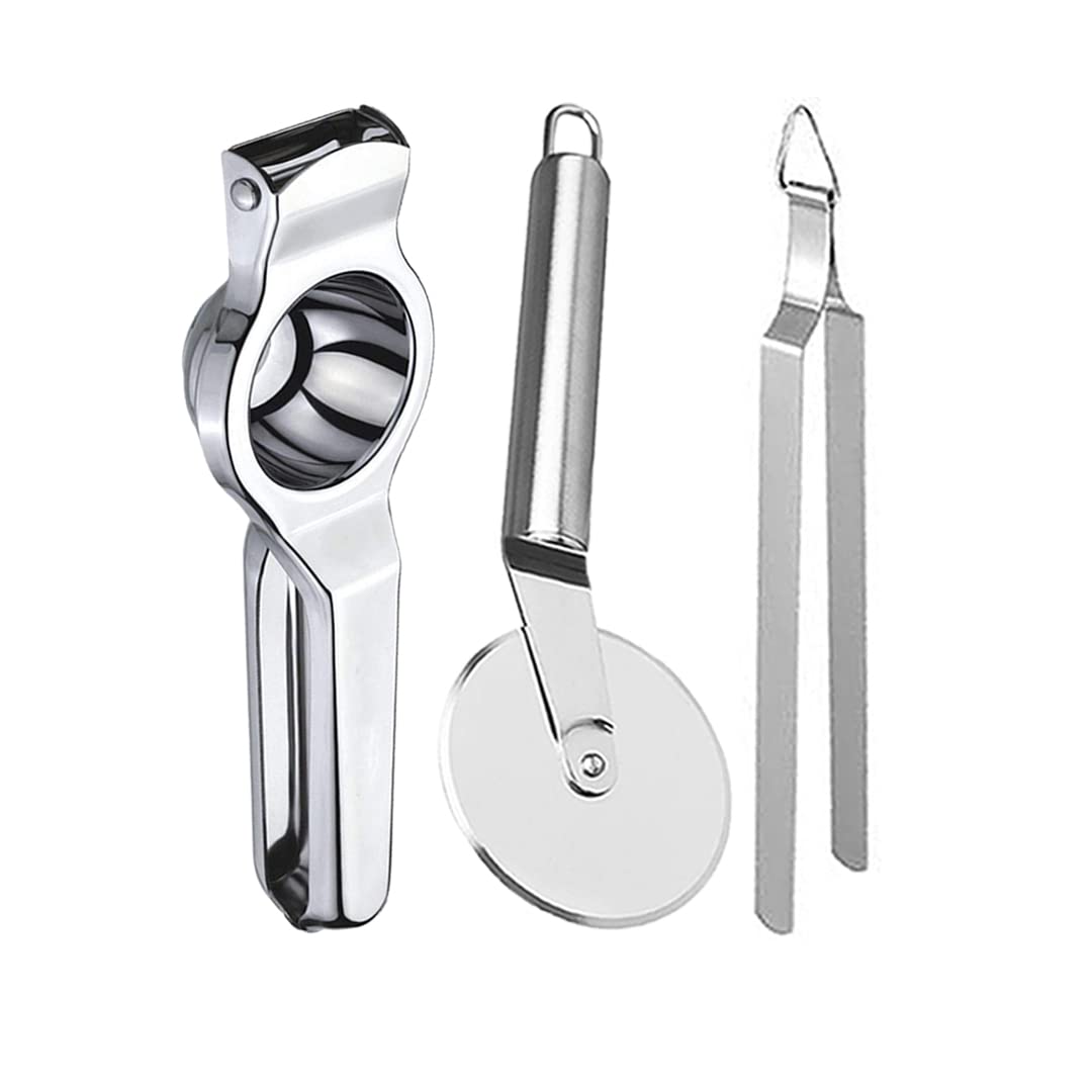 Stainless Steel Lemon Squeezer/Hand Juicer & Pizza Cutter/Slicer & Roti Chimta/Utility Tong for Kitchen (Pack of 3) (B0DCSG736C) Amazon Price History, Amazon Price Tracker