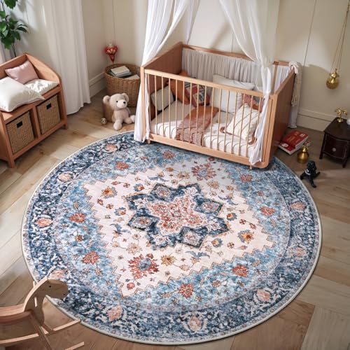SERISSA Boho Round Area Rug, 4ft Washable Non-Slip Circle Rug, Ultra Soft Vintage Blue Orange Low-Pile Small Circular Carpet for Bedroom Entryway Kids Room Office College Dorm Living Room
