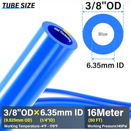 Image of TAILONZ PNEUMATIC Blue 3 /8 Inch OD 16 Meter 50ft PU Polyurethane Air Tubing Kit Pipe Hose Air Line Tubing Air Hose Fittings Push to Connect Fittings(27PCS)