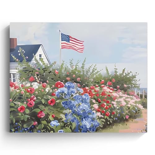 Image of Independence Day Canvas Wall Art, USA Garden with Flag Roses in Bloom Print, Memorial Day and Summer Porch Floral Print Poster Framed Oil Painting for Country Porch or Living Room 20x24inch