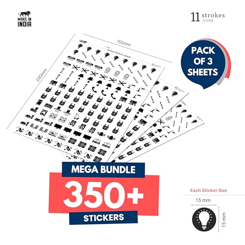 Image of 11 Strokes Black & White Switch Board Stickers for Home - 3 Self-Adhesive Sheets, Switchboard Label Stickers with Black Icons on Clear Vinyl, Decorative Electric Board Cover