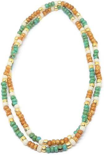 Miniatura 1 de 2-piece Picasso seed bead anklet set. 9 inch anklets made from picasso seed beads size 80. cream, tan, turquoise, with gold accents elastic cord
