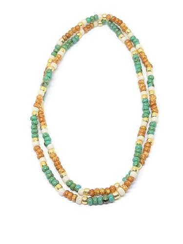 2-piece Picasso seed bead anklet set. 9 inch anklets made from picasso seed beads size 80. cream, tan, turquoise, with gold accents elastic cord