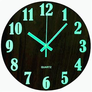 PAWTTY 12 Inch Luminous Wall Clock Silent Non-Ticking Wooden Design Night Lights Round Wall Clock for Living Room and Bedroom Glow in Dark  Brown