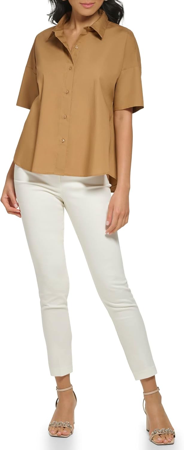 Calvin Klein Womens Poplin Hi Lo Short Sleeve Button Down Blouse