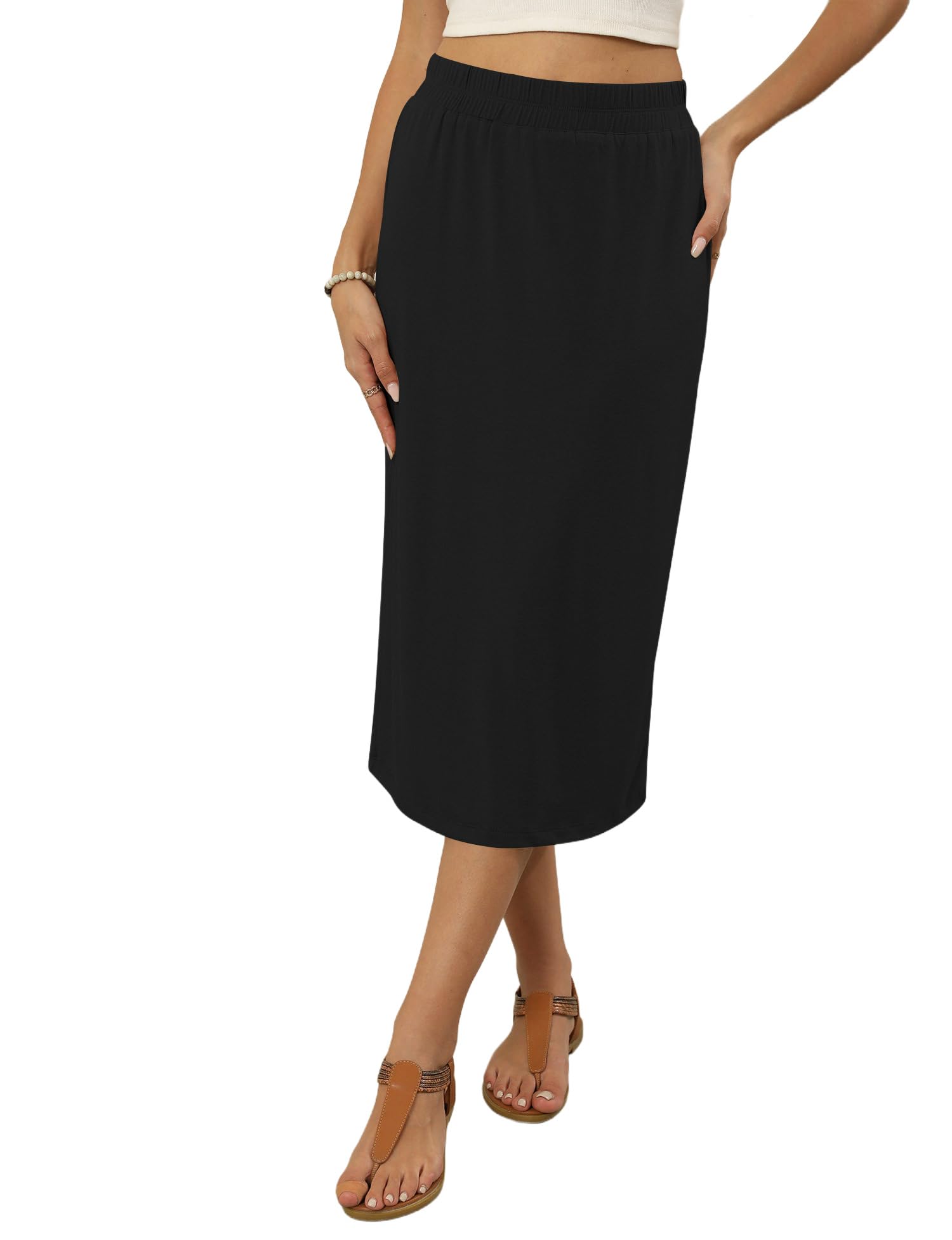 Naggoo Midi Skirts for Women Summer Elastic High Waisted Basic Straight Skirt with Slit