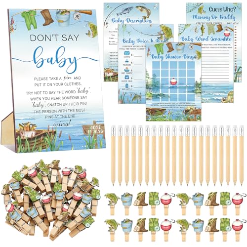 Image of Patelai 321 Pcs Fishing Don't Say Baby Shower Game Supplies for Boys 5 Games Include 250 Activity Cards 1 Don't Say Baby Sign 50 Clothespins 20 Pencils for Price Is Right Prediction Bingo Game Party