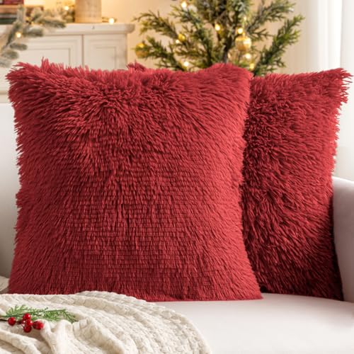 Image of MIULEE Christmas Pack of 2 Luxury Faux Fur Throw Pillow Cover Deluxe Winter Decorative Plush Pillow Case Cushion Cover Shell for Sofa Bedroom Car 18x18 Inch Red