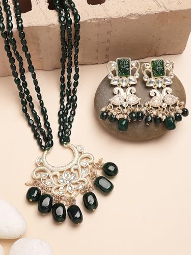 Image of Karatcart Gold Plated Green Crystal and Pearl Studded Kundan Rani-Haar Necklace Set for Women