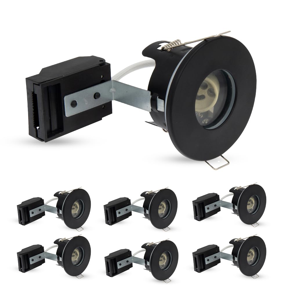paul russells LED GU10 Recessed Ceiling Fire Rated Downlight Can with Black Bezel, 65-70mm Cutout, IP65 Dust & Waterproof, Twist & Lock Design, Quick Connect, Décor Rooms, 6 Packs (NO Bulb)