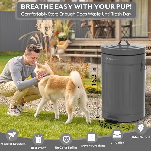 Image of PAWZIDEA Dog Poop Trash Can Outside Odor Control, 3.1Gallon Large Pet Poop Can Outdoor with Lid No Smell, Waterproof Pet Waste Trash Can, Dog Waste Station Step Garbage Can Bin Container Backyard,Grey