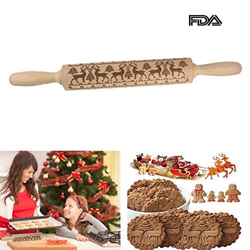 Wood Rolling Pins for Baking Embossed Professional Dough Roller for Cookies with Patterns(16.9
