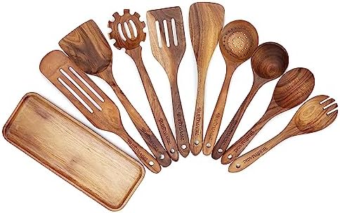BUBUMAGIC Wood Kitchen Utensils Set - 10pc Wooden Spoons for Cooking with Tray-Shaped Spoon Rest. Teak Wood Utensils incl: Slotted Spoon, Spurtle, Spatulas, Spaghetti Spoon, Wooden Soup Ladle & More