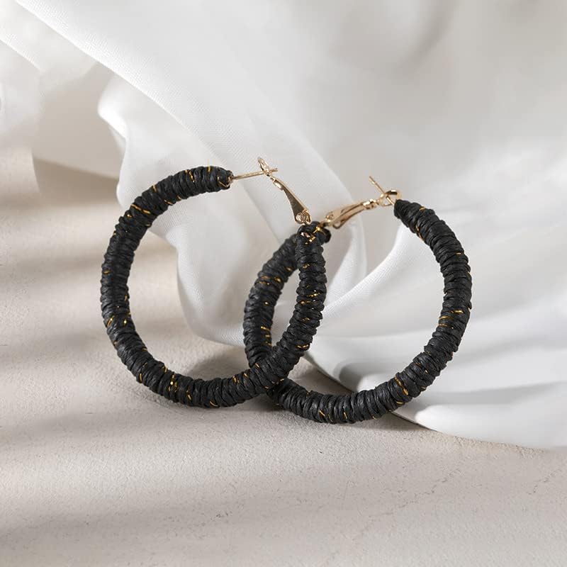 Miniatura 2 de Aretes colgantes de ratán grandes con círculos de rafia, aretes de aro para mujer, hechos a mano, de mimbre, aretes de ratán de rafia, joyería de