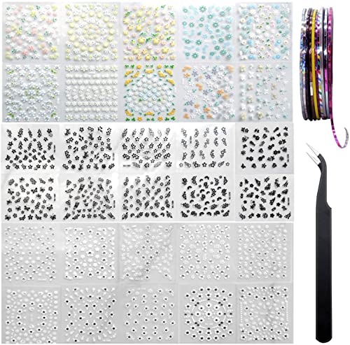 Aywfey 60 Sheets 3D Self-Adhesive Flower Nail Floral Stickers Decals+ 10 Rolls Mixed Colors Nail Art Striping Tape + 1 Anti-Static Tweezers For Women Girls Diy Beauty Manicure, Multicolor #TOP7