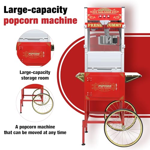 Image of 20 oz Commercial Popcorn Machine Cart - Classic Red Movie Theater Style Popcorn Maker with Storage Stand and Wheels for Home, Parties and Concession Stands