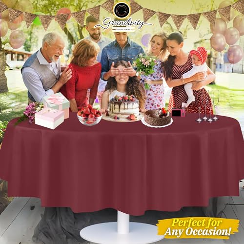 Image of Grandipity Plastic Table Cloth Disposable 12 Pack 84 inch Round Burgundy | Plastic table covers, durable disposable tablecloths, fade and tear-resistent table cover for party, event