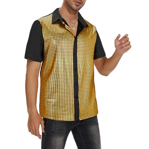 Image of Zando Men's Sequin 70s 80s Disco Shirt - Retro Short Sleeve Button Up Costume Halloween New Year Party Outfit Top & Clubwear