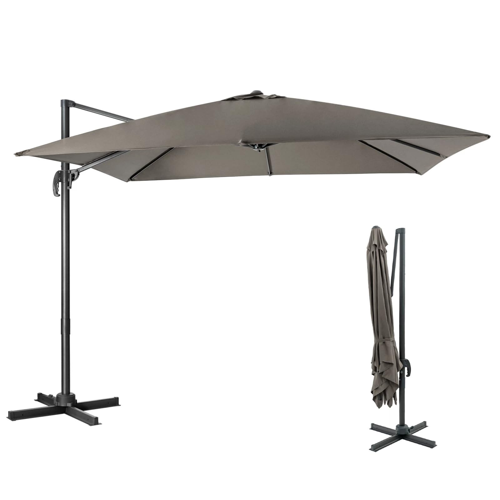 COSTWAY Ombrellone da Giardino 300x300cm 3 Inclinazioni Rotazione 360° Manovella 8 Stecche Base Incrociata Grigio