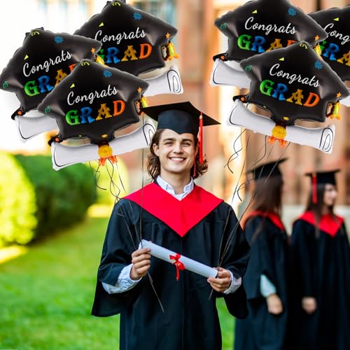 Image of 6 Pcs Graduation Cap Diploma Balloons, Large Academic Cap Shaped Black Mylar Graduation Foil Balloons, Grad Hat balloons for 2026 Graduation Party Decorations