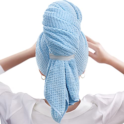 Sucedul Large Microfiber Hair Towel Wrap For Women, 41 X 27.5 Inch Super Absorbent Hair Drying Towel, Anti Frizz Fast Drying Hair Turbans For Long, Thick, Curly Hair Wrap Towels Blue #TOP2