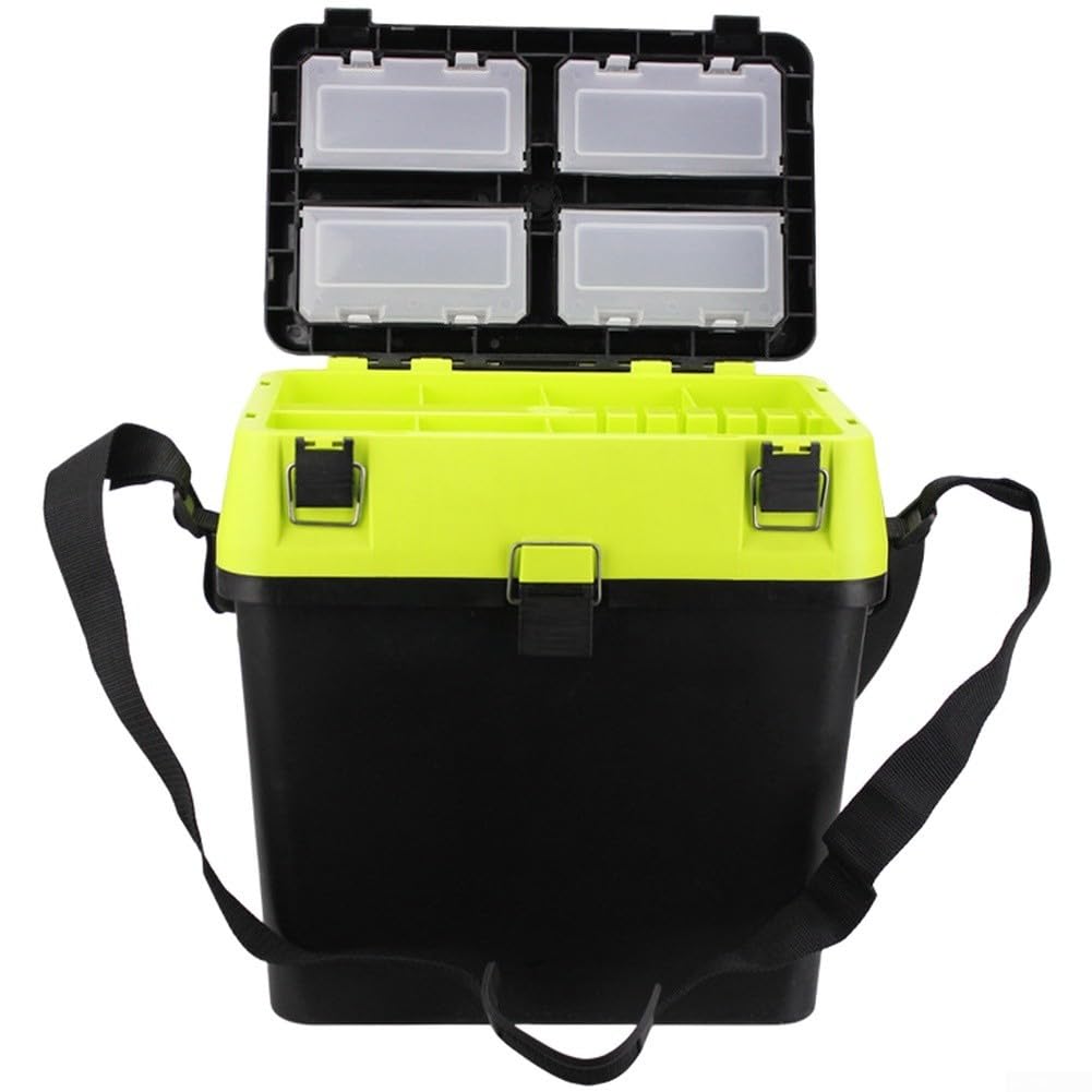 Caja de aparejos de pesca con correas ergonómicas, asiento desmontable, interior modular y sistema de hebilla superior segura (azul)