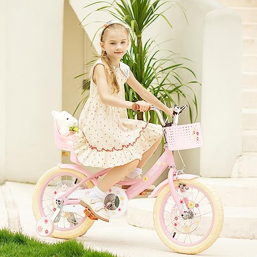 Image of Girls Bike with Basket for Toddlers and Kids Aged 3-14 Years Old, 12 14 16 18 Inch with Training Wheels & Doll Seat, 20 Inch with Kickstand & Rear Rack, Princess Style Bicycle for Gift.