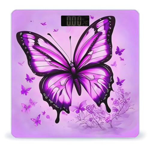 Báscula digital de baño morada con diseño de mariposas