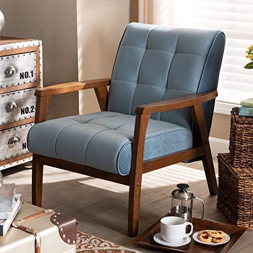Sillón moderno azul claro con estructura de madera miniatura 2