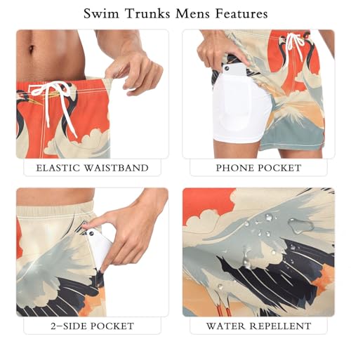 Crane Landscape Red Mens Swim Trunks with Liner, Cool Quick Dry Beach Swim Shorts, Swimwear Bathing Suits S3